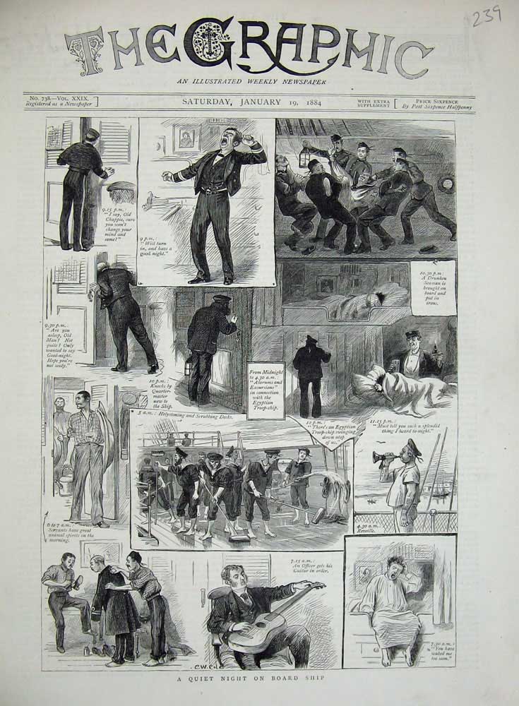 Original Old Antique Print 1884 War Ship Sailors Navy Washing Deck Music Guitar