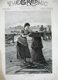 Original Old Antique Print 1889 Frank Cox Fine Art Lady Woman Sea Fishing Boats