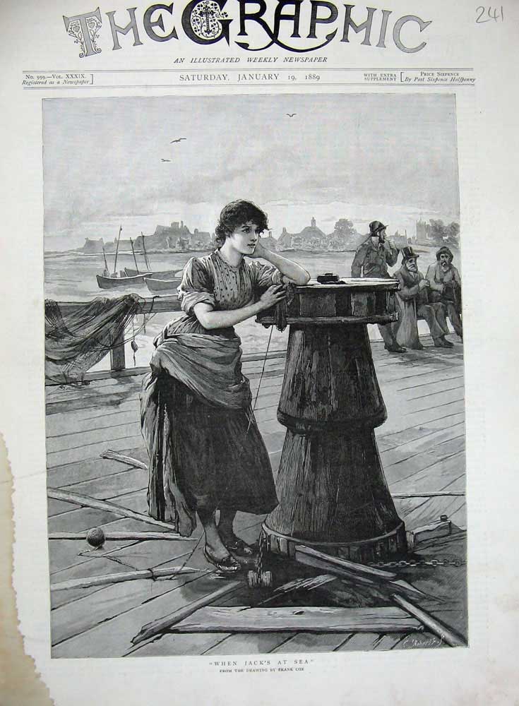 Original Old Antique Print 1889 Frank Cox Fine Art Lady Woman Sea Fishing Boats