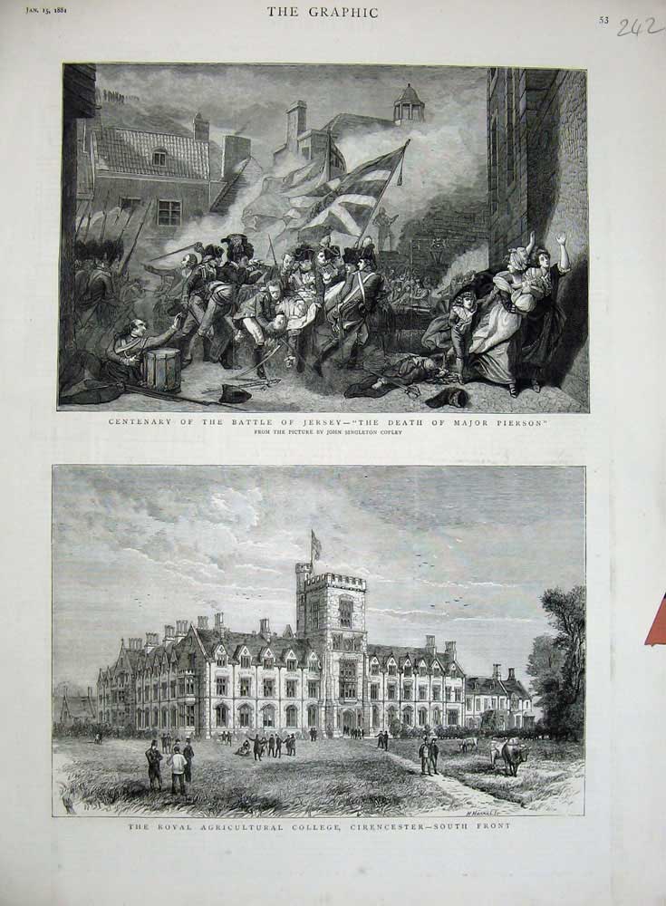 Original Old Antique Print 1881 Battle Jersey Major Pierson College Cirencester