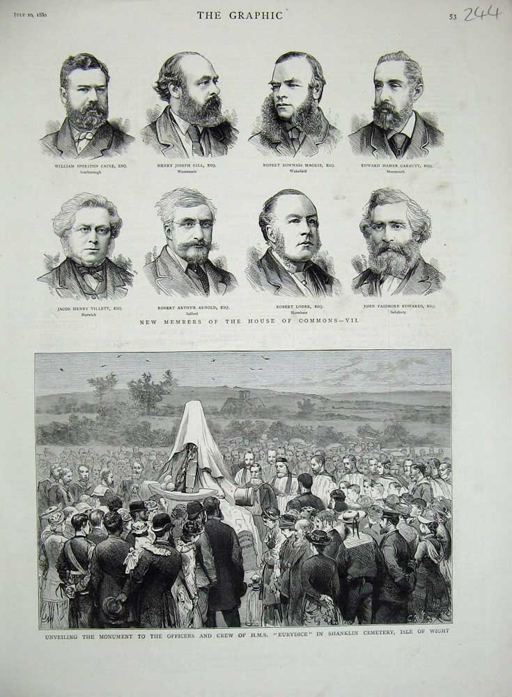 Old Antique Print 1880 Members House Commons Monument Eurydice Isle Wight 19th
