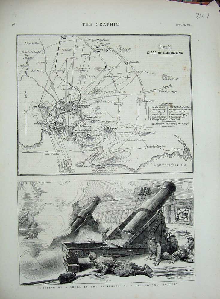 Old Antique Print 1874 Plan Seige Carthagena Shell Besiegers Del Solano 19th