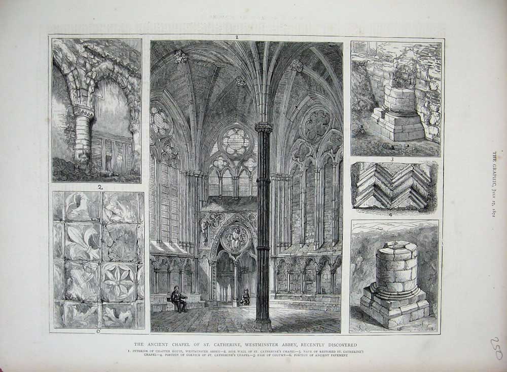 Old Antique Print 1872 Ancient Chapel St Catherine Westminster Abbey Nave 19th