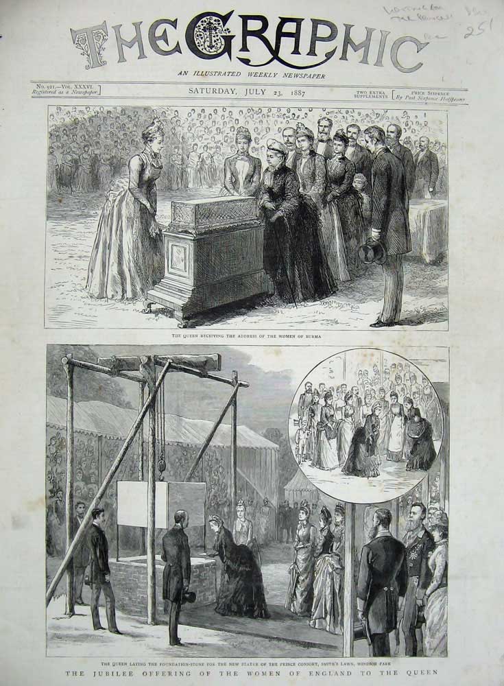 Original Old Antique Print 1887 Queen Women Burma Jubilee Statue Prince Consort