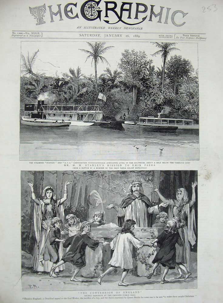 Old Antique Print 1889 Steamer Ship Stanley A.I.A. Aruwhimi Emin Croydon 19th