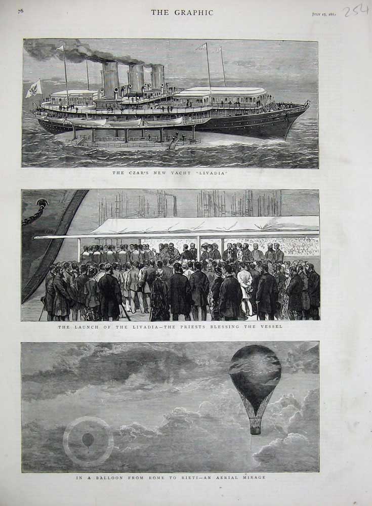 Original Old Antique Print Czar'S Yacht Livadia Launch Balloon Rome Rieti 1880