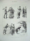 Original Old Antique Print 1891 Family Ice Skating Party Winter Fur Coats Fence