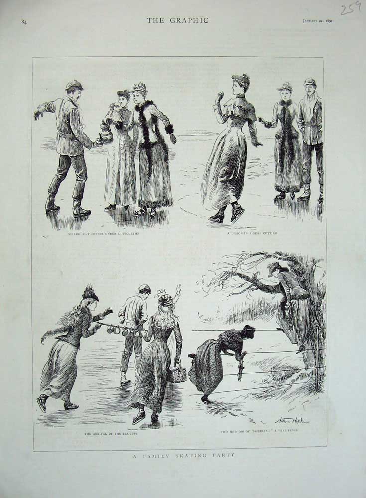 Original Old Antique Print 1891 Family Ice Skating Party Winter Fur Coats Fence