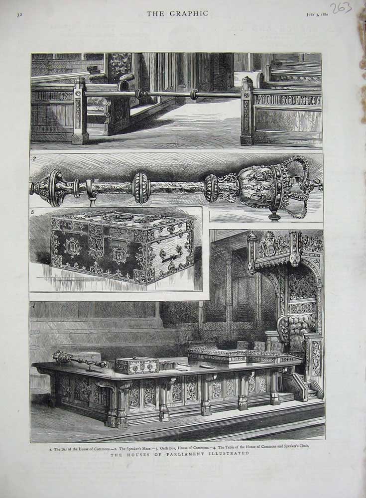 Old Antique Print 1880 Houses Parliament Commons Oath Box Mace Chair Bar 19th