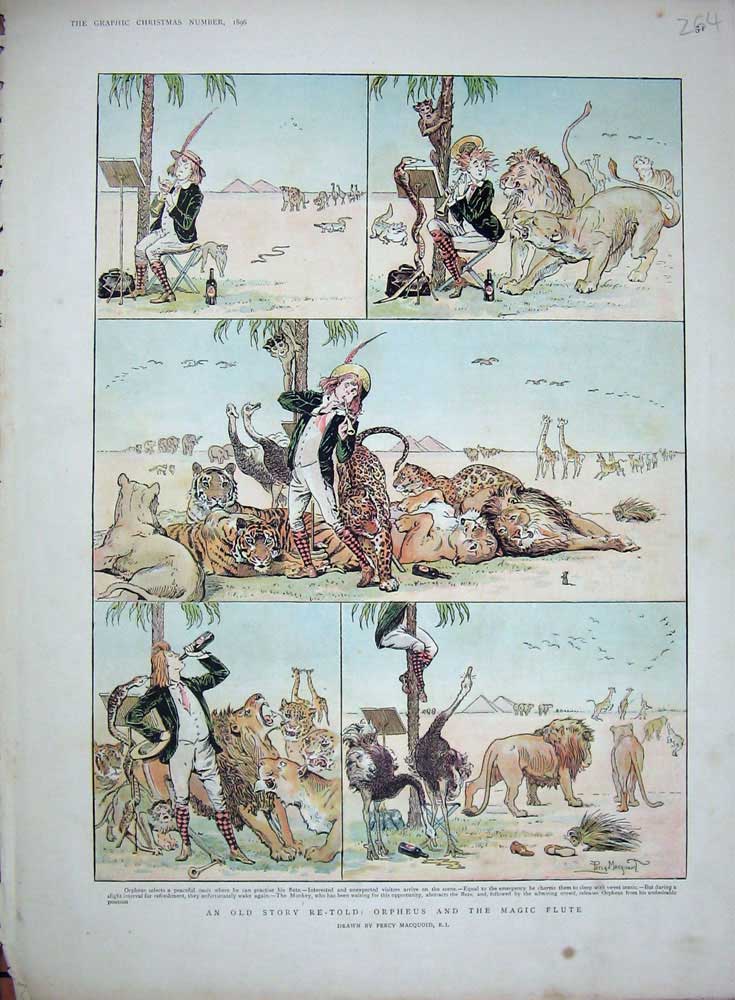 Original Old Antique Print 1896 Colour Story Orpheus Magic Flute Lions Tiger