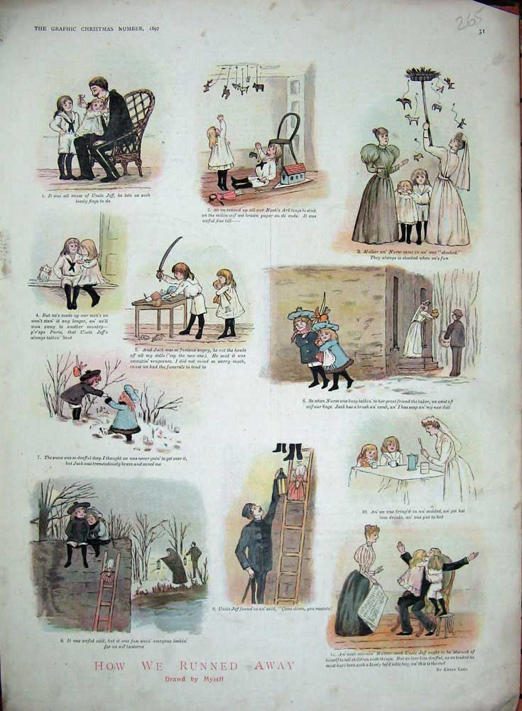 Original Old Antique Print 1897 Colour Little Children Running Away Story 19th