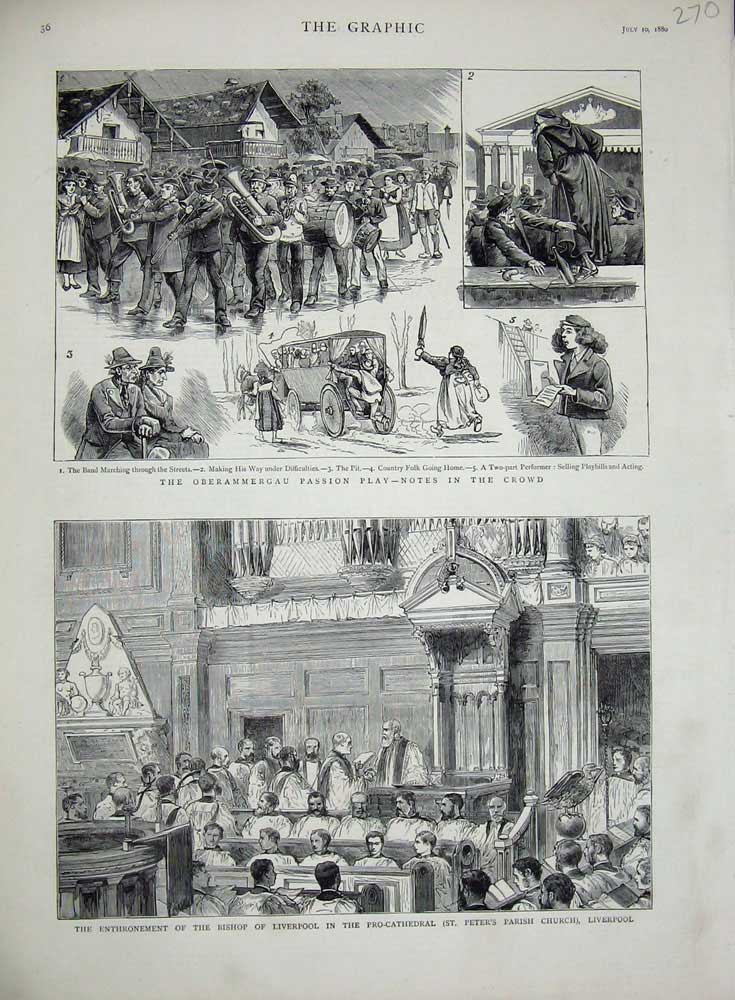 Old Antique Print 1880 Bishop Liverpool Pro-Cathedral Oberammergau Play 19th