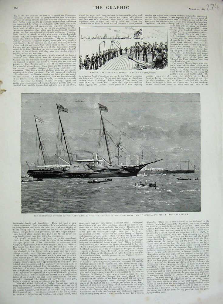 Old Antique Print 1889 Royal Yacht Victoria Albert Turret Conqueror Ship 19th