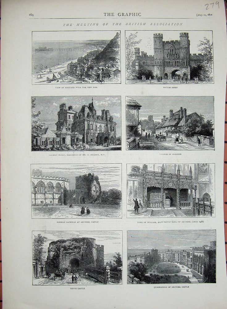 Old Antique Print 1872 Hastings Battle Abbey Bramer Norman Hurst Castle 19th