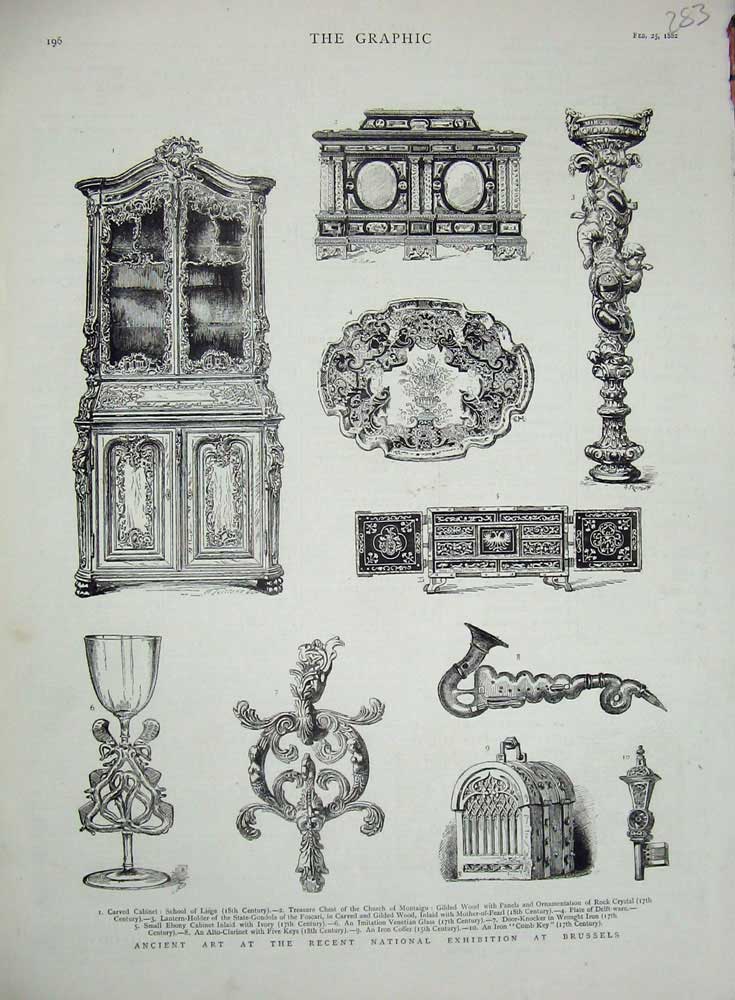 Old Antique Print 1882 Ancient Art Exhibition Brussels Cabinet Treasure 19th
