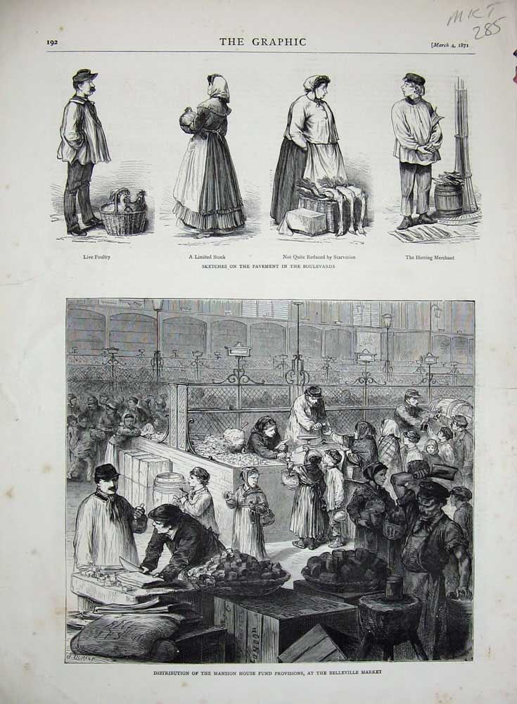 Old Antique Print 1871 Belleville Market Mansion House Funds Boulevards 19th