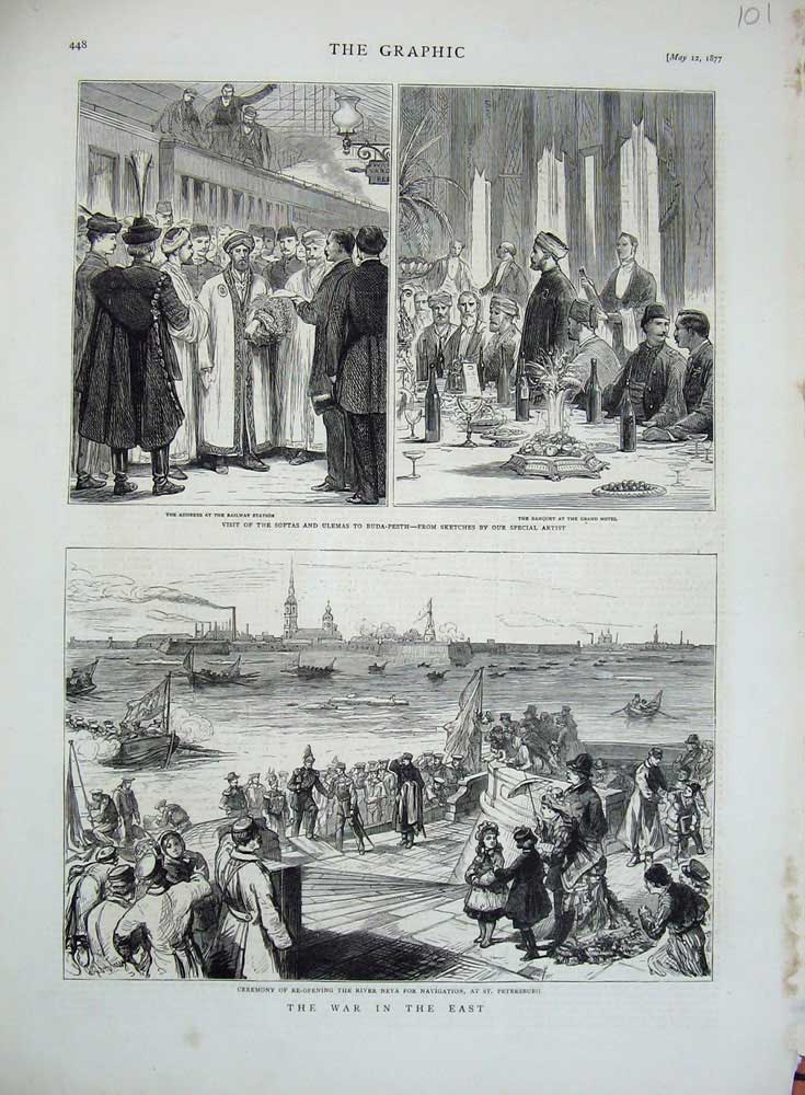 Old Antique Print 1877 War East River Neva Budapest Railway Hotel Russia 19th