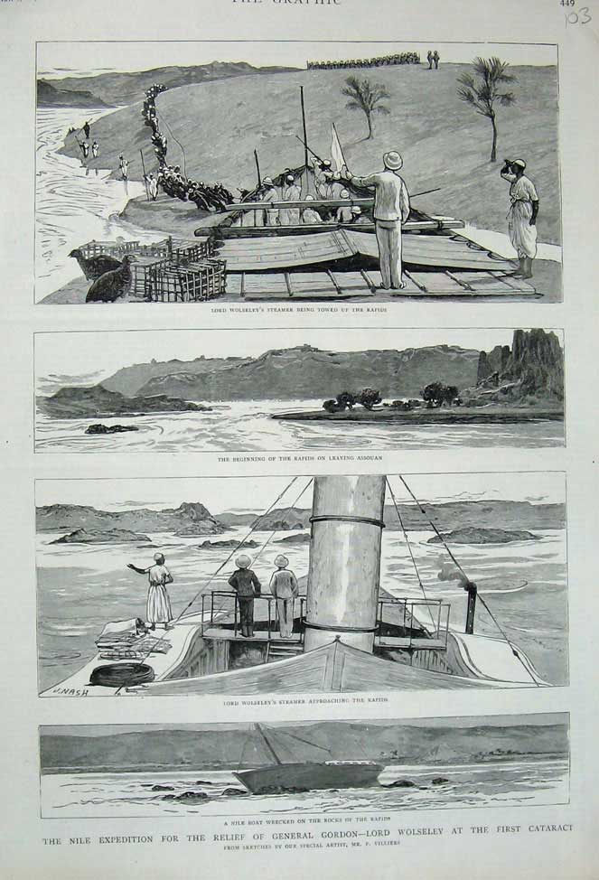 Original Old Antique Print 1884 Nile General Gordon Lord Wolseley Steamer Ship