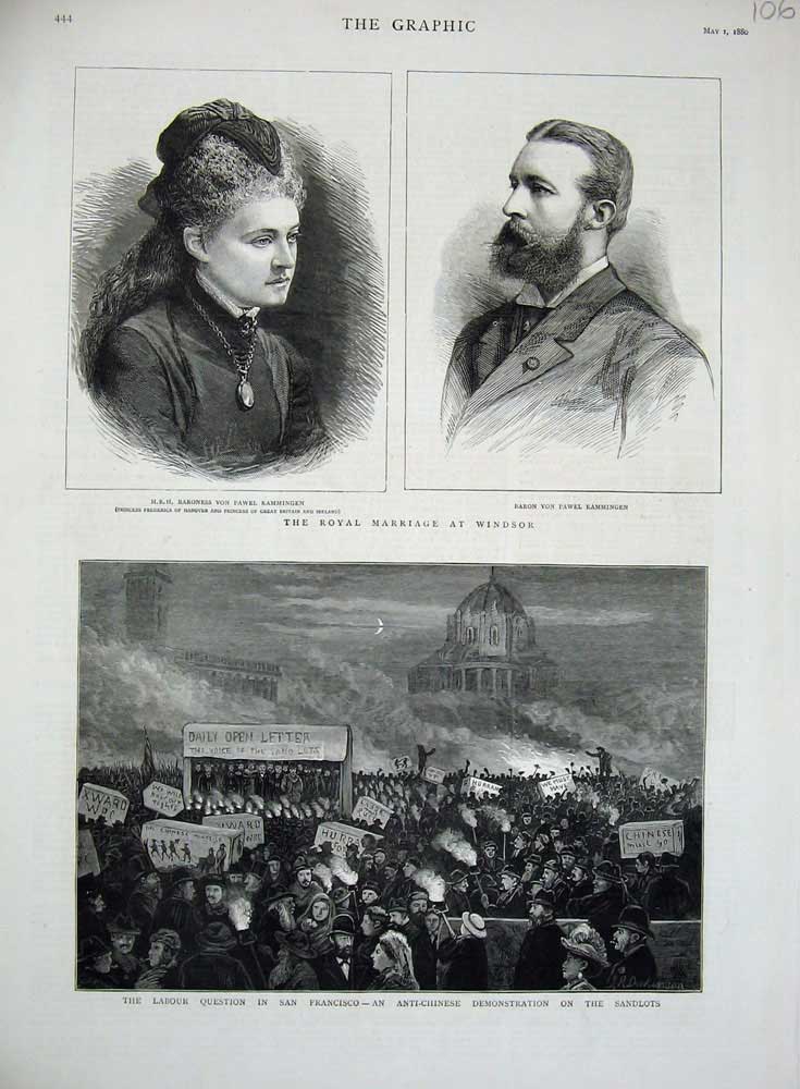 Original Old Antique Print 1880 Marriage Windsor Rammingen Baron America Labour