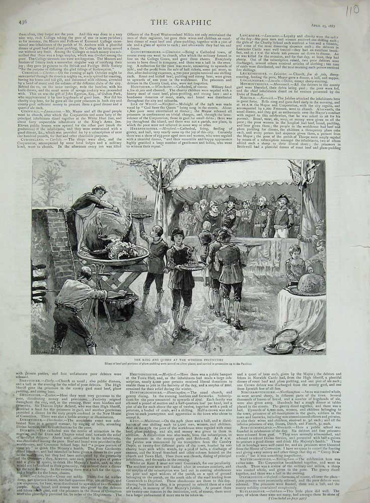 Original Old Antique Print 1887 King Queen Windsor Festivities Plum Pudding