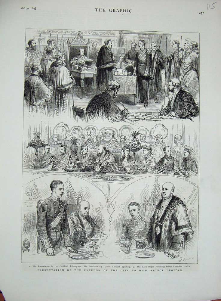 Original Old Antique Print Freedom City H.R.H Prince Leop1875 Presentation 19th