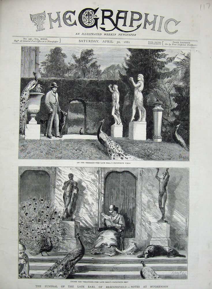 Old Antique Print Funeral Earl Beaconsfield 1881 Hughenden Terrace Statue 19th