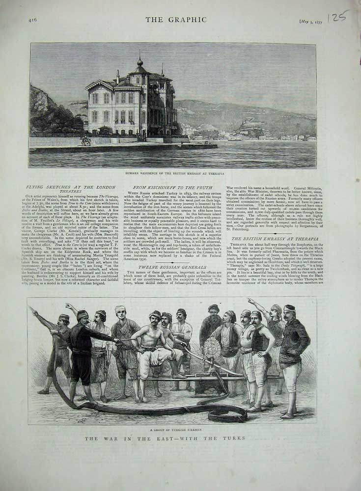 Old Antique Print 1877 War East Turkish Firemen Therapia British Embassy 19th