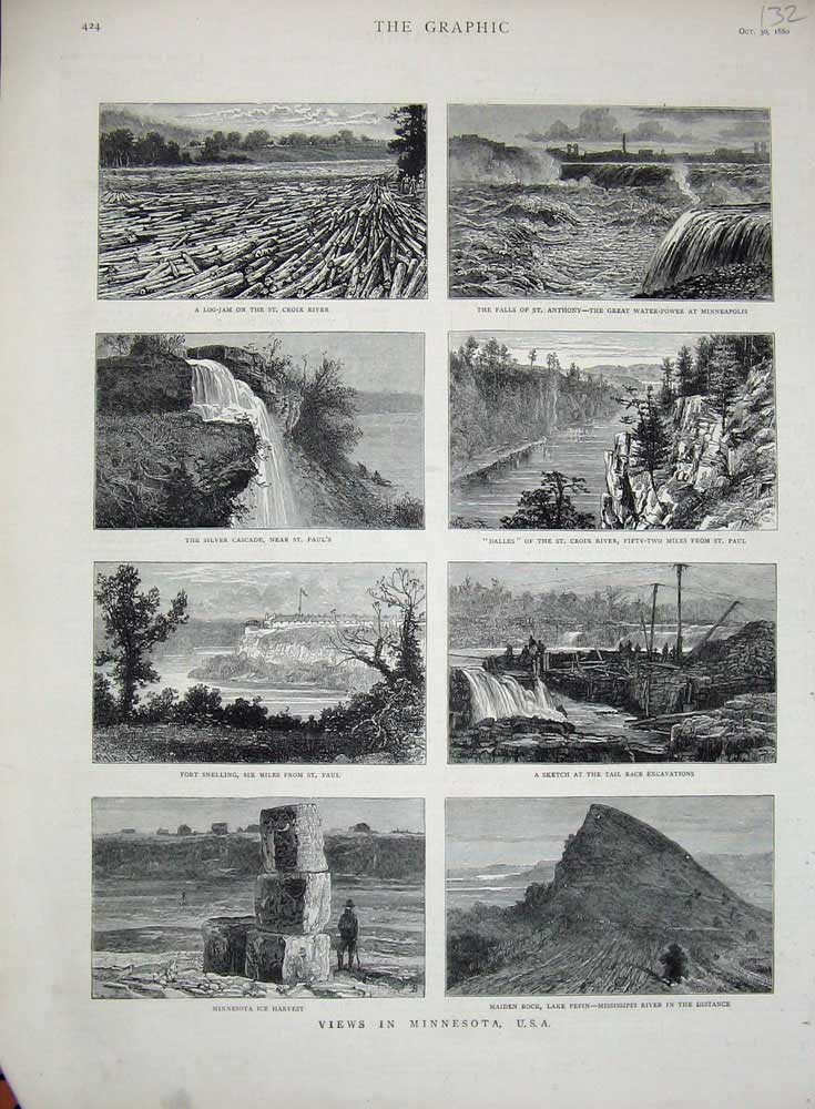 Old Antique Print 1880 Minnesota America Croix River Maiden Mississippi 19th