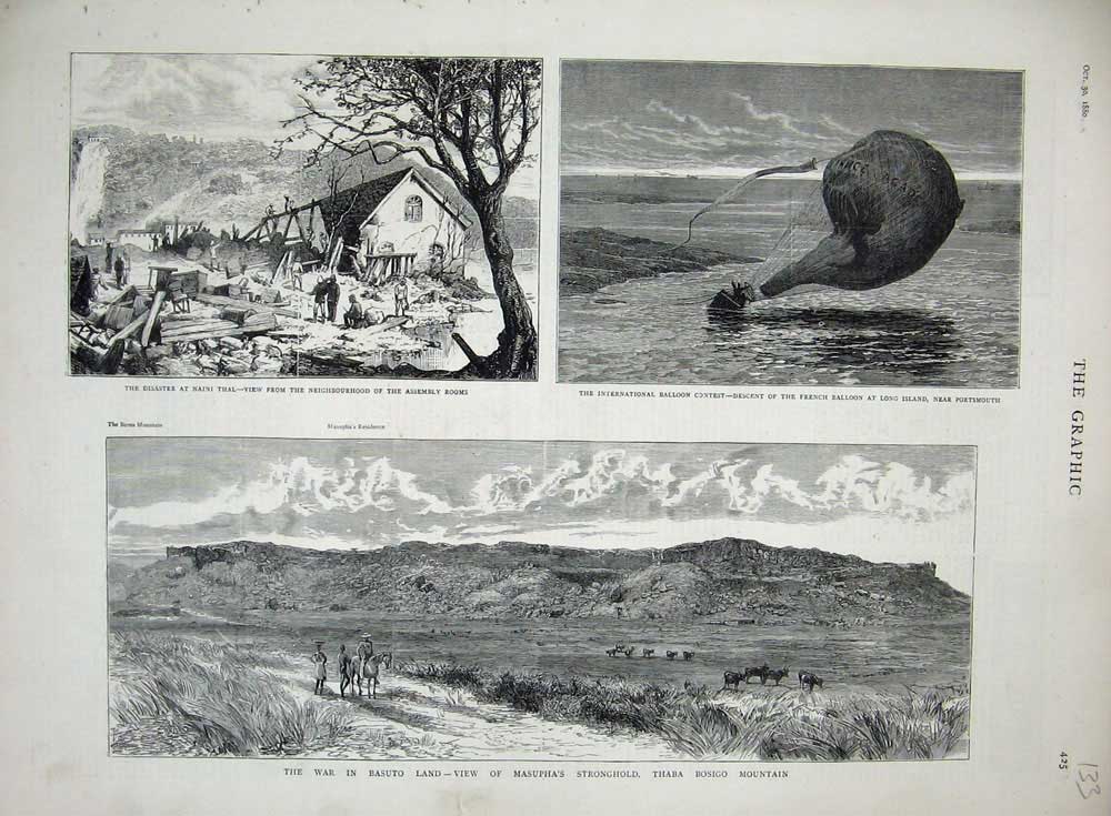 Original Old Antique Print 1880 War Basuto Naini Thal Balloon Portsmouth Thaba