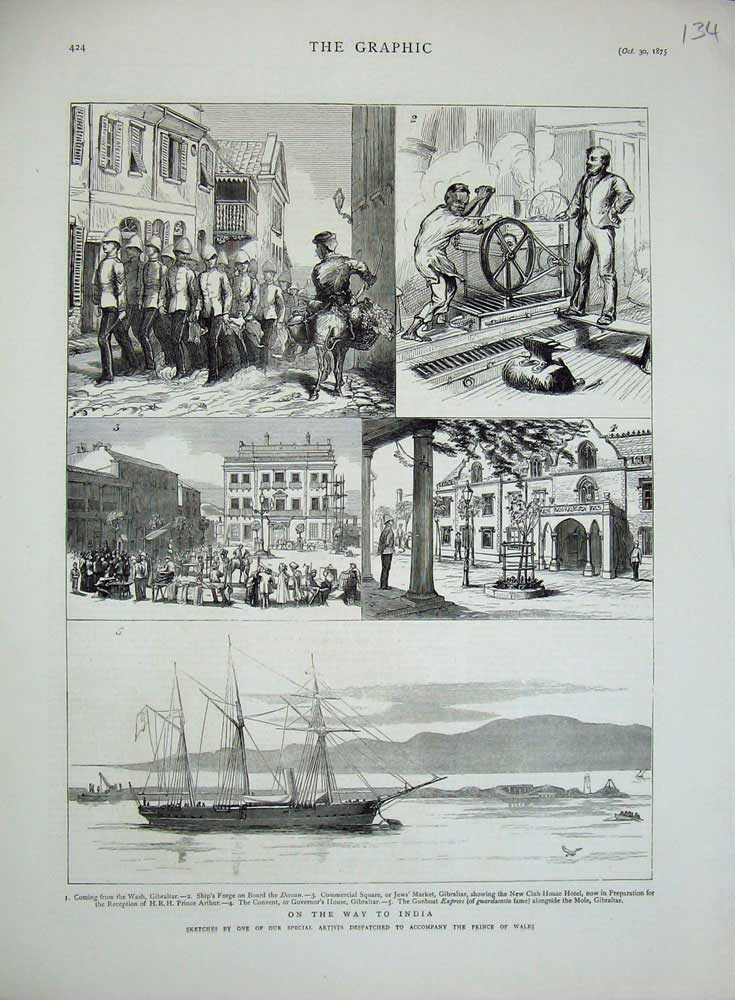 Old Antique Print 1875 Gibrlatar Ship Ship Deccan Prince Arhtur Express 19th