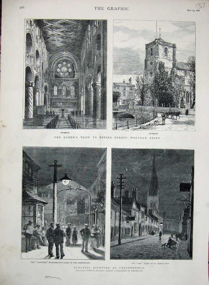 Old Antique Print 1882 Chesterfield Light Churchyard Queen Waltham Abbey 19th