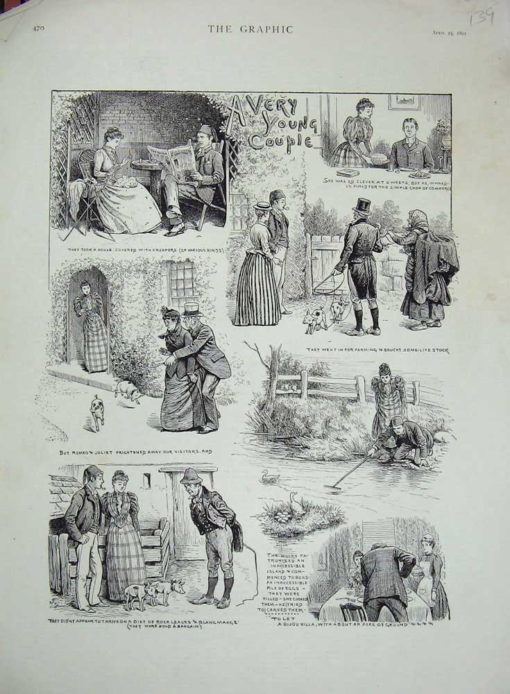 Old Antique Print 1891 Romnance Man Woman Country Stream Dogs Ducks Pig 19th