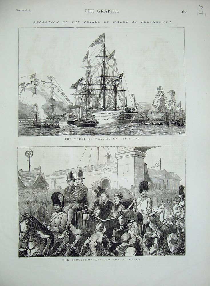 Old Antique Print 1876 Duke Wellington Portsmouth Prince Wales Dockyard 19th