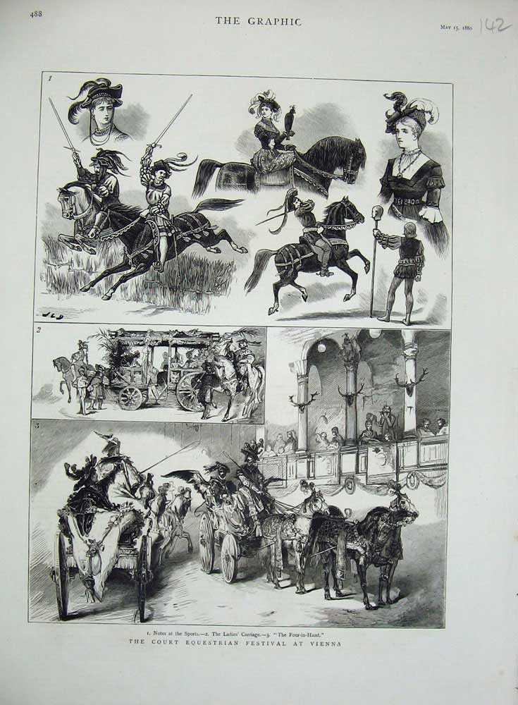 Old Antique Print Court Equestrian Festival Vienna 1880 Ladies Carriage 19th