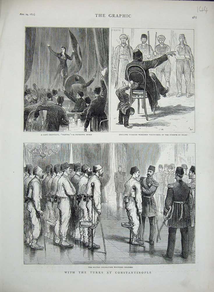 Original Old Antique Print 1877 Turks Constantinople Sultan Siers Plevna Hymn