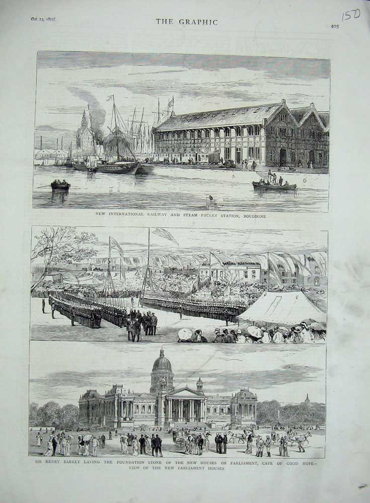 Old Antique Print 1875 Railway Boulogne France Ships Parliament Cape Hope 19th