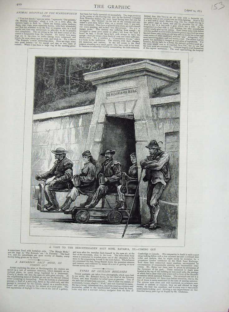 Original Old Antique Print 1875 Berchtesgaden Salt Mine Bavaria Working Men