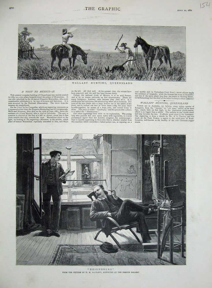 Original Old Antique Print 1882 Wallaby Hunting Queensland Australia Men Chair