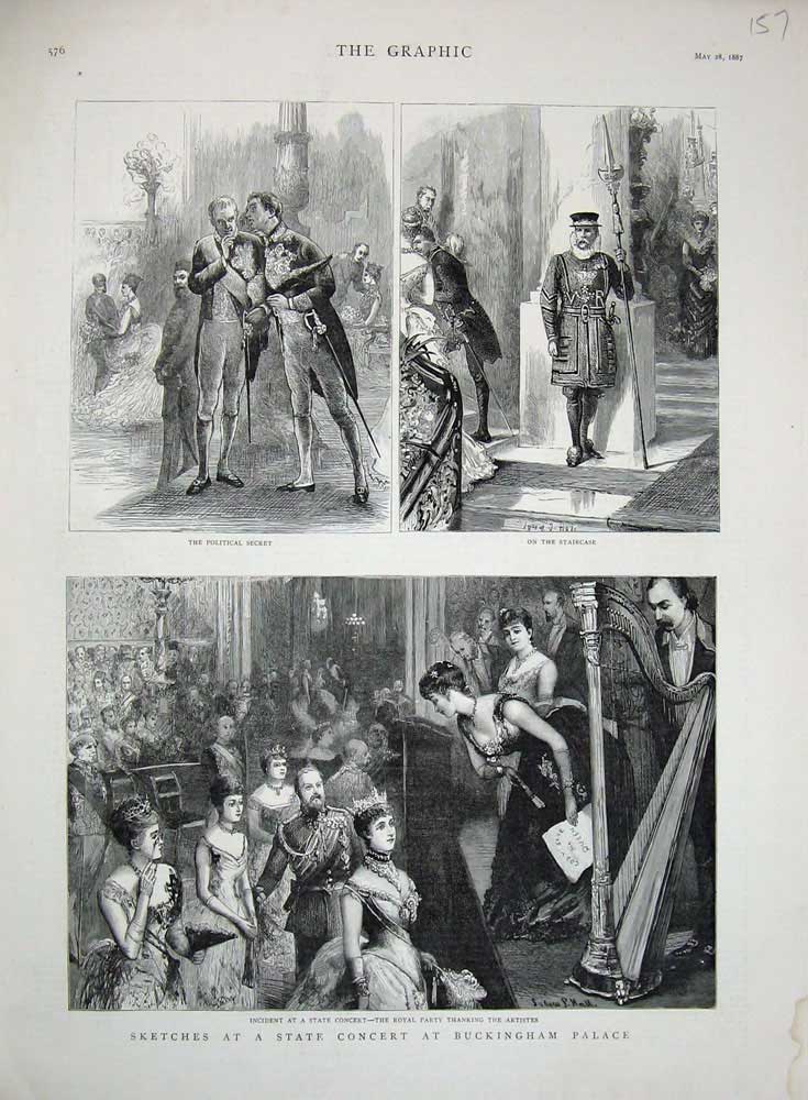 Original Old Antique Print 1887 Concert Buckingham Palace Royal Party Staircase