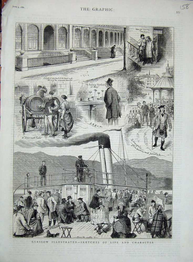 Original Old Antique Print 1880 Glasgow Ship Street Soor-Milk Cart Buildings