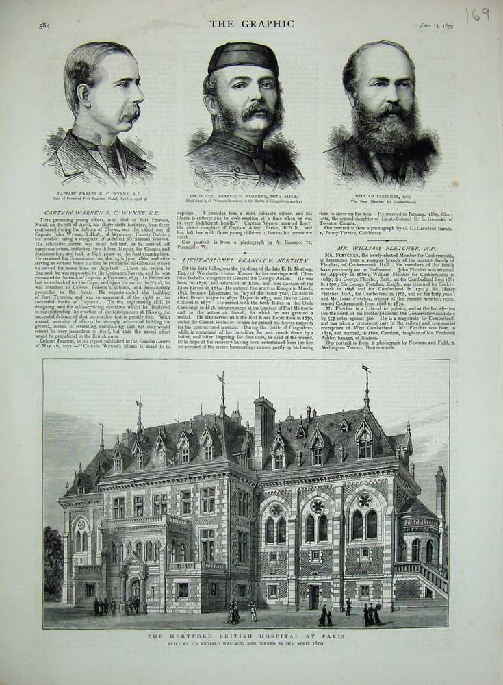 Old Antique Print 1879 Hertford British Hospital Pris Wynne Northey Men 19th