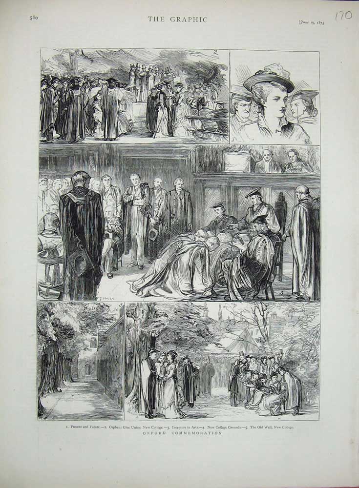 Original Old Antique Print Oxford Commemoration 1875 Orpheus Glee Union College