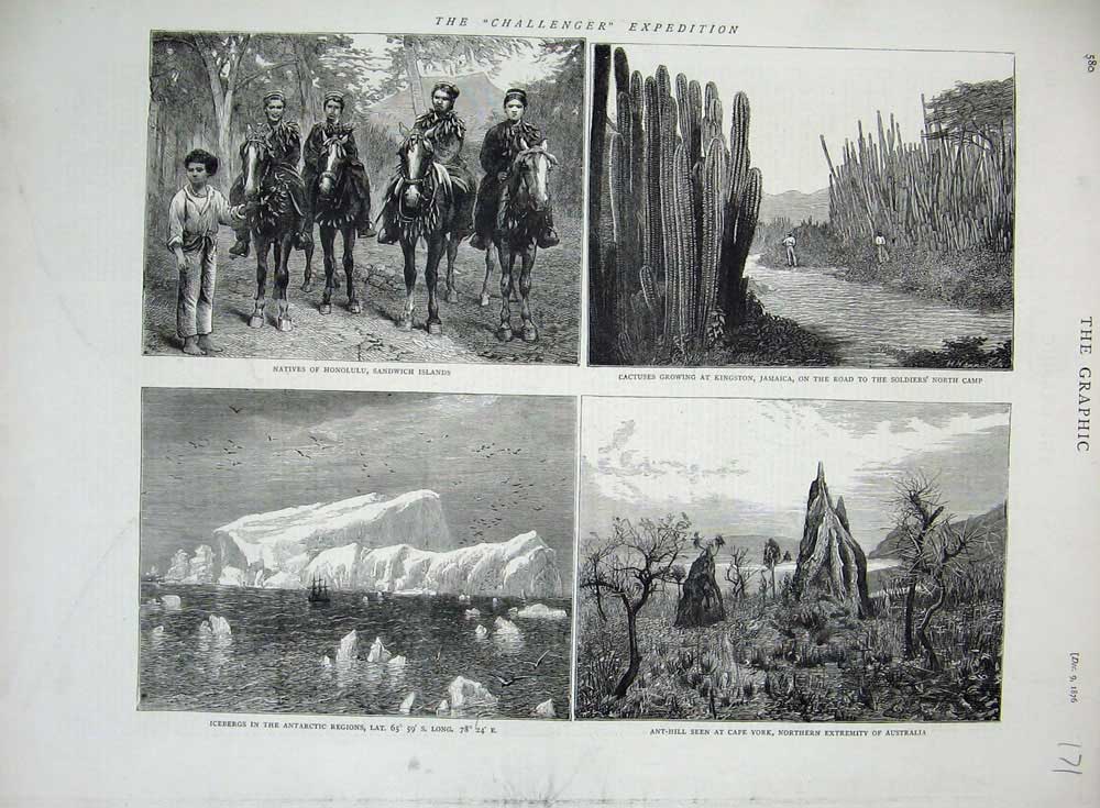 Original Old Antique Print 1876 Sandwich Islands Kingston Jamaica Icebergs War