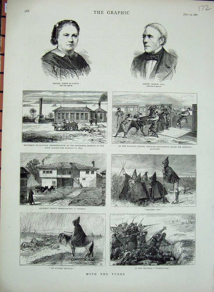 Old Antique Print 1877 Turks War Tahiti Smirke Railway Rasgrad Suleiman 19th