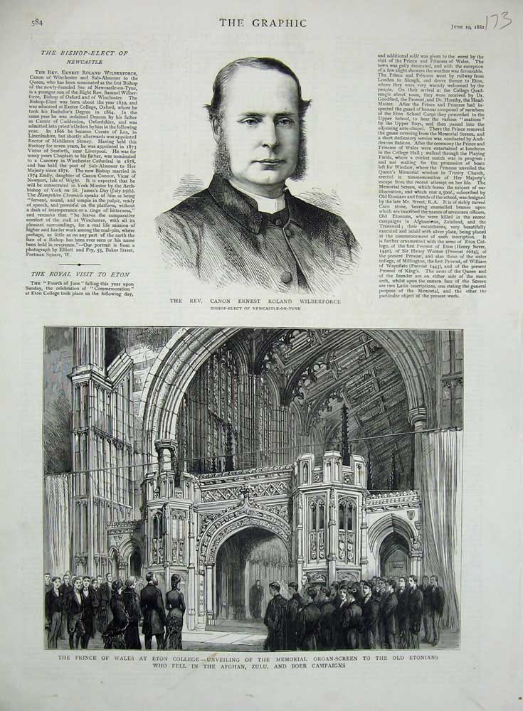 Original Old Antique Print 1882 Canon Wilberforce Prince Wales Eton College War