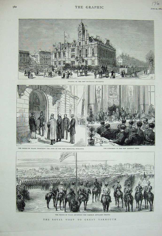 Original Old Antique Print 1882 Great Yarmouth Prince Wales Municipal Artillery