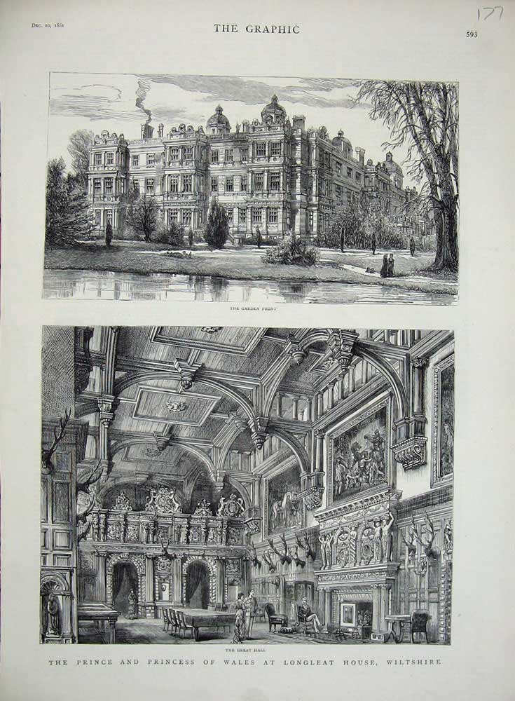 Old Antique Print 1881 Prince Wales Longleat House Wiltshire Garden Hall 19th