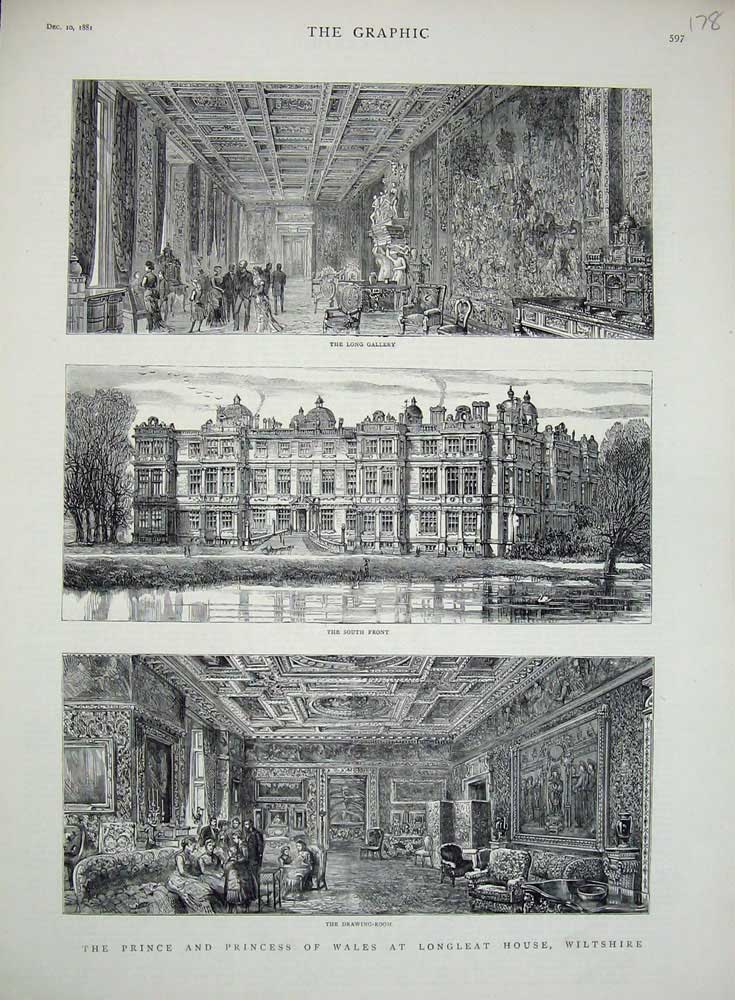 Old Antique Print 1881 Prince Wales Longleat Wiltshire Gallery Building 19th