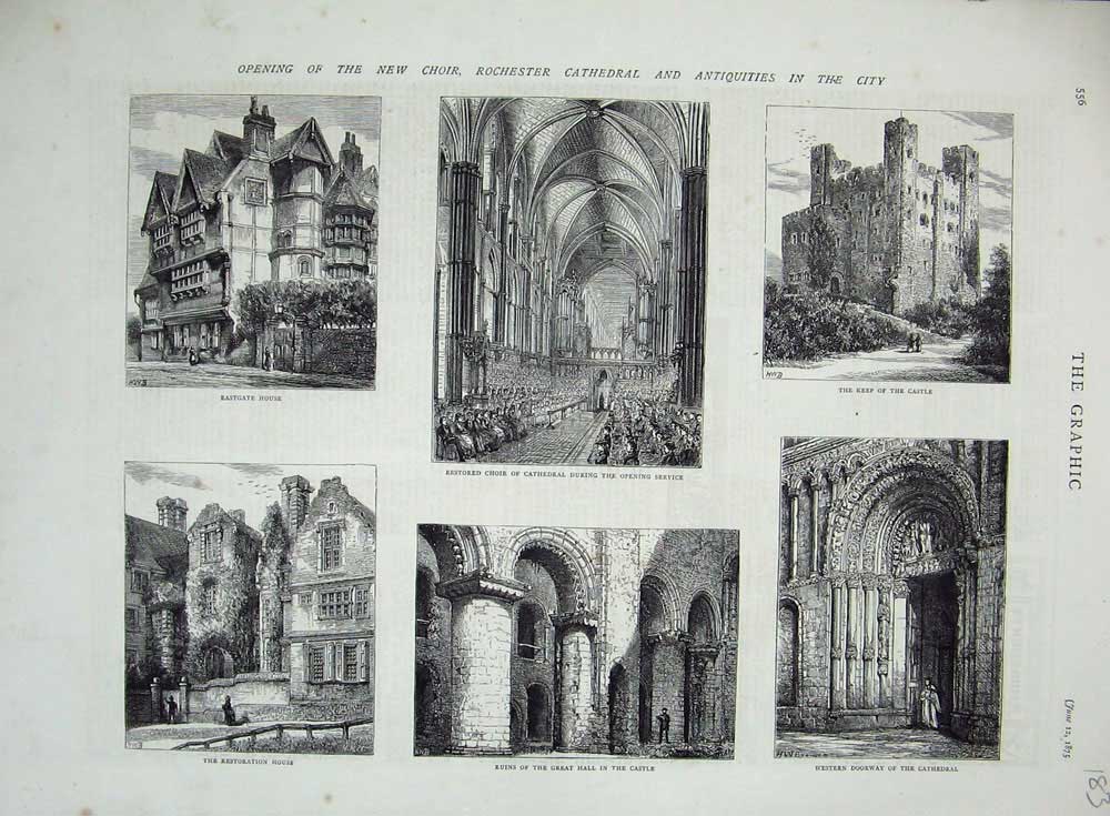 Original Old Antique Print 1875 Choir Rochester Cathedral Castle Eastgate House