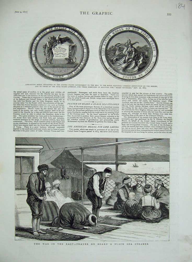 Old Antique Print 1877 War Black Sea Steamer Ship Medal Life-Boat Mersey 19th